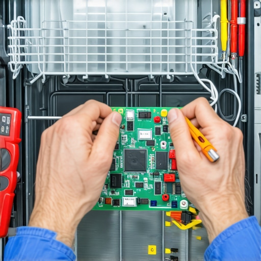 Technician inspecting dishwasher control board with multimeter and tools
