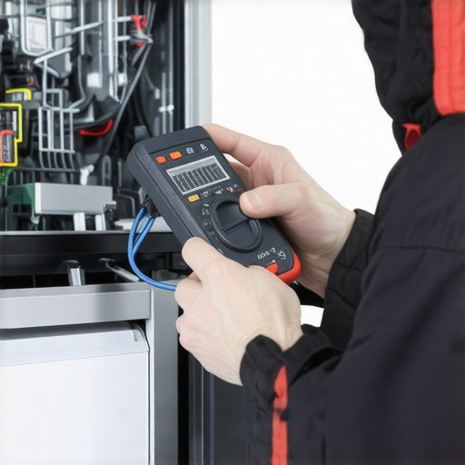 Technician testing dishwasher electrical components with multimeter.