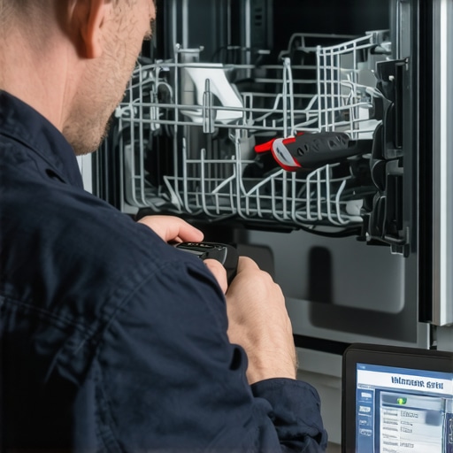 Technician analyzing dishwasher error codes with a diagnostic tool.