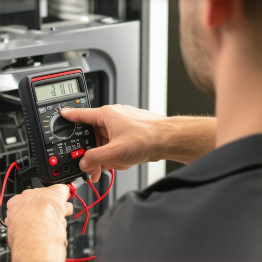 Technician testing dishwasher electrical components with diagnostic tools