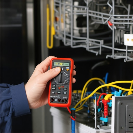 Person using multimeter to diagnose dishwasher electrical issues.