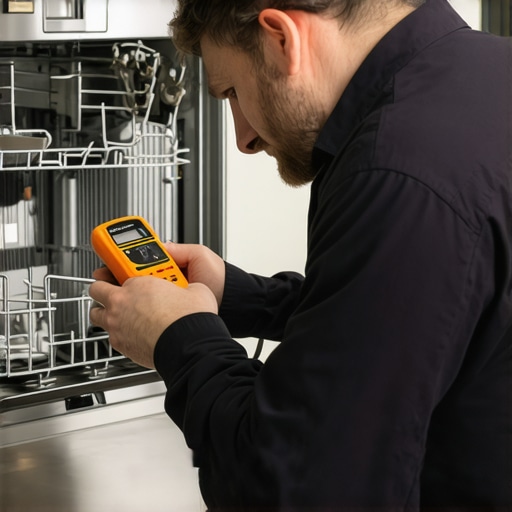 Technician testing dishwasher electrical components with multimeter and thermal imaging camera
