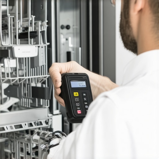 Professional Diagnostic Tools for Dishwasher Repair Technician using multimeter and leak detector to diagnose dishwasher issues.