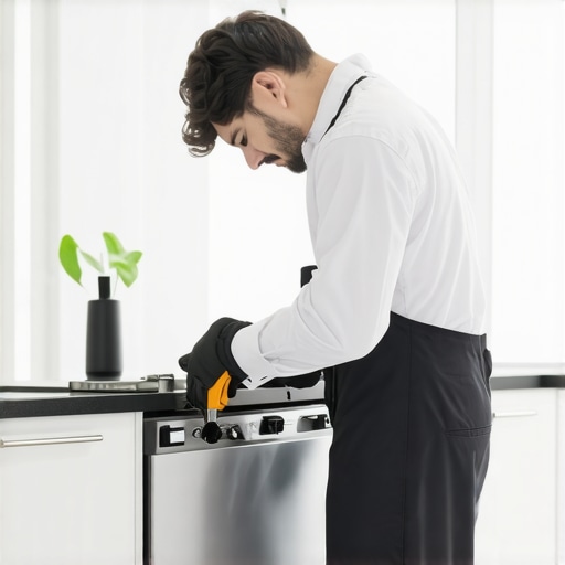 Technician diagnosing dishwasher with multimeter and tools