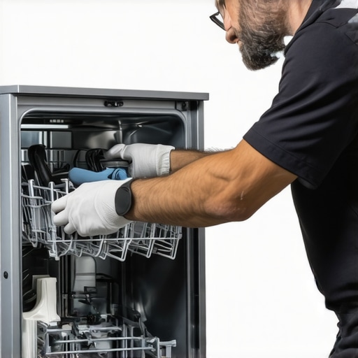 Technician inspecting dishwasher spray arms and seals for troubleshooting.