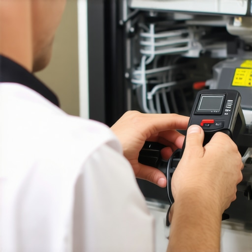 Technician troubleshooting dishwasher with diagnostic tools