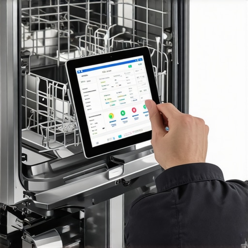 Technician reviewing diagnostic data on a tablet for smart dishwasher troubleshooting.