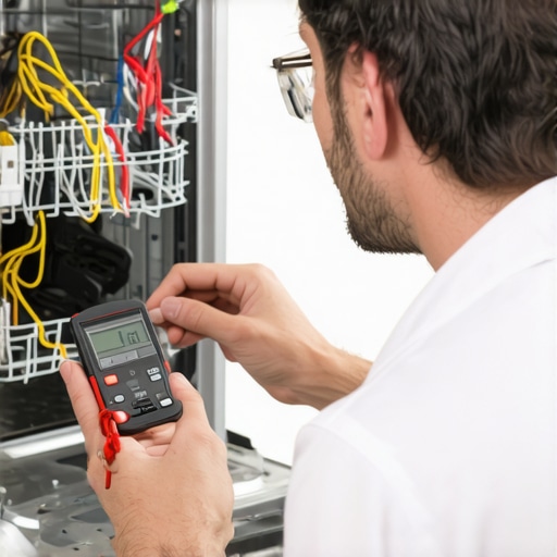 Technician using multimeter to diagnose dishwasher electrical issues