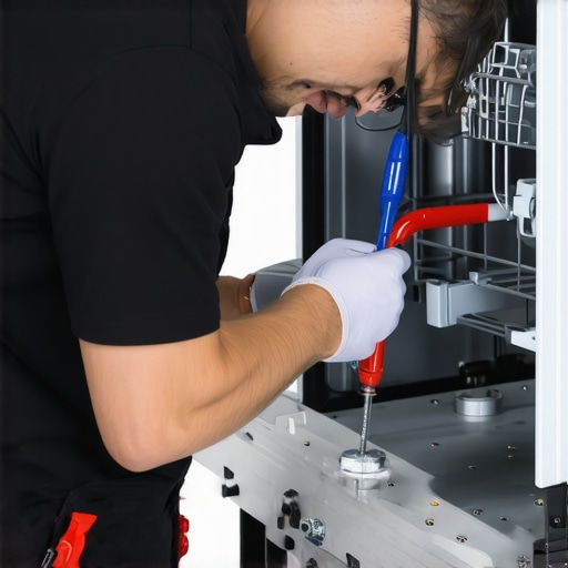 Professional technician checking dishwasher water supply component