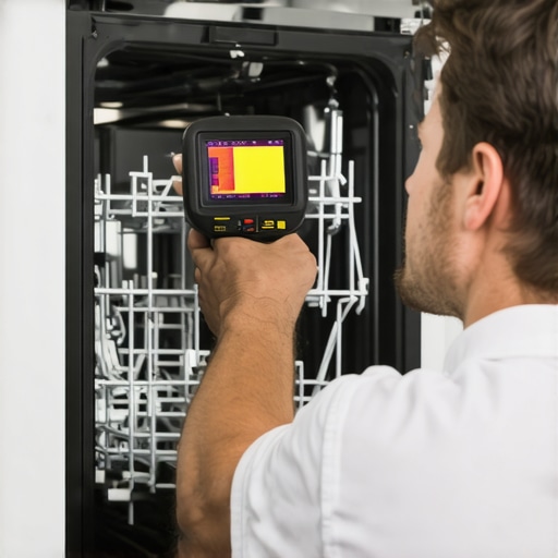 Technician with thermal camera inspecting dishwasher