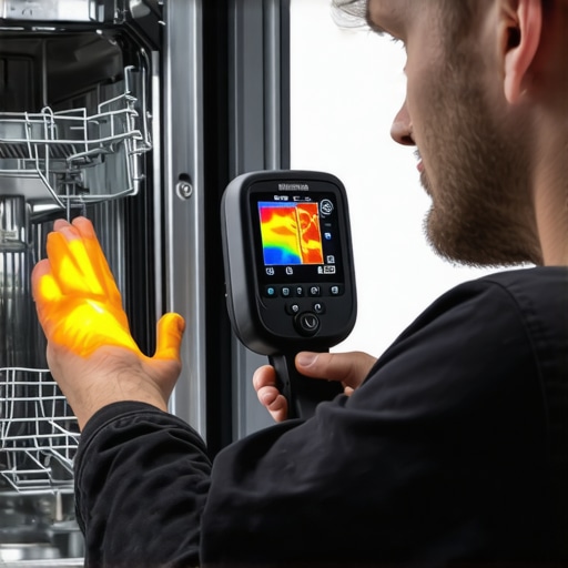 Technician using thermal camera on dishwasher to detect heat anomalies during repair.
