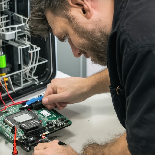 Technician testing dishwasher control board with multimeter