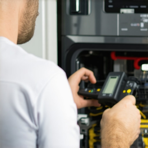 Advanced Diagnostic Tools in Action Technician performing electrical diagnostics on a dishwasher with advanced tools