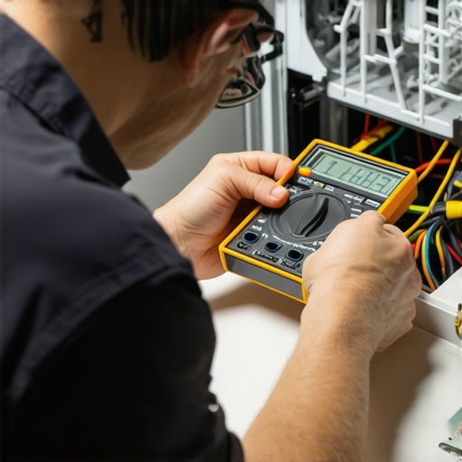 Technician testing dishwasher control board with multimeter