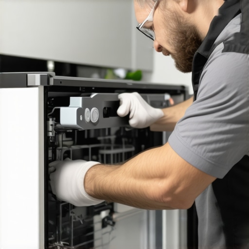 Technician using diagnostic tools to troubleshoot a dishwasher with high-tech equipment