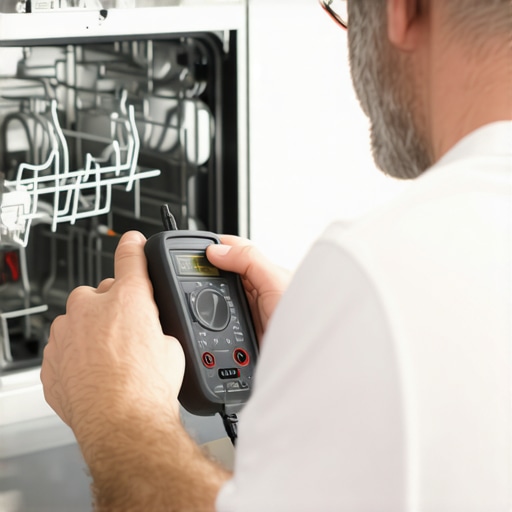 Advanced Dishwasher Diagnostic in Action Homeowner testing dishwasher control board with multimeter in kitchen.
