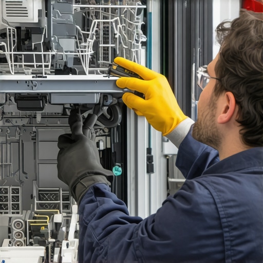 Technician using diagnostic tools on dishwasher electrical parts