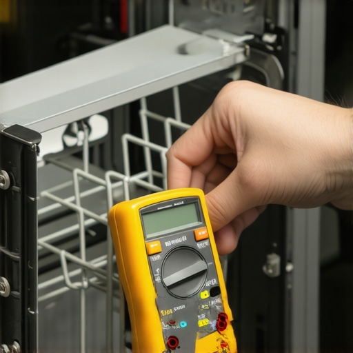 Technician testing dishwasher control board with multimeter during diagnostic process