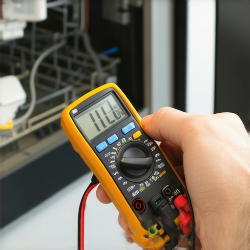 Advanced diagnostic testing on dishwasher control panel Technician testing dishwasher control board with multimeter for warranty diagnostics.