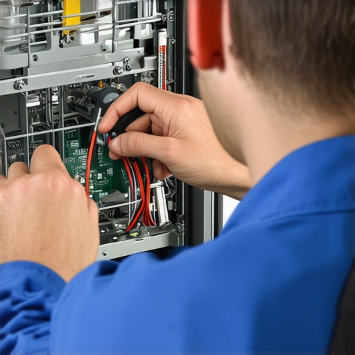 Technician using diagnostic tools to test dishwasher control board for faults.