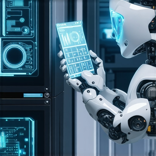 Advanced AI diagnostic device analyzing appliance data in a workshop.