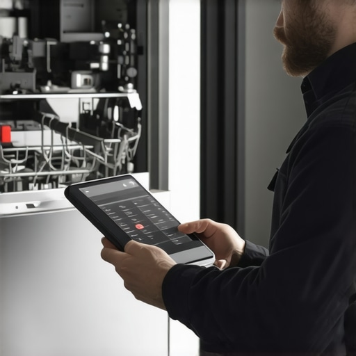 Technician troubleshooting a smart dishwasher using advanced diagnostic technology.