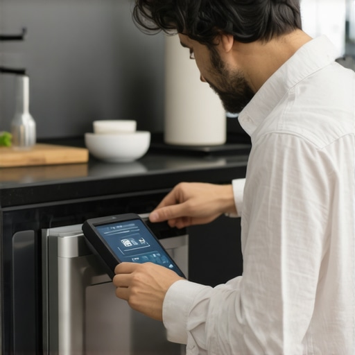 Homeowner using a Wi-Fi-enabled diagnostic tool on dishwasher for advanced troubleshooting