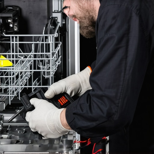 Technician performing deep diagnostics on dishwasher with high-tech equipment