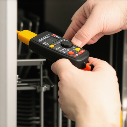 Person testing dishwasher electrical components with multimeter and leak detector