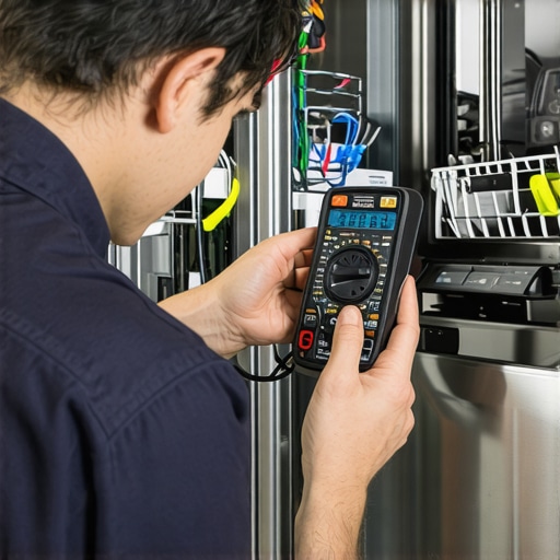 Technician testing dishwasher wiring with multimeter in kitchen.
