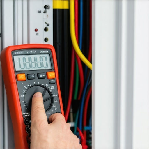 Close-up image of a multimeter testing electrical wiring in a dishwasher