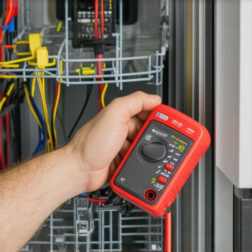 Person testing dishwasher electrical circuit with multimeter during repair process.