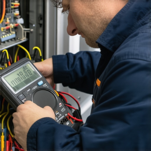 Technician testing dishwasher wiring with multimeter