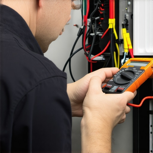 Technician testing appliance wiring with multimeter