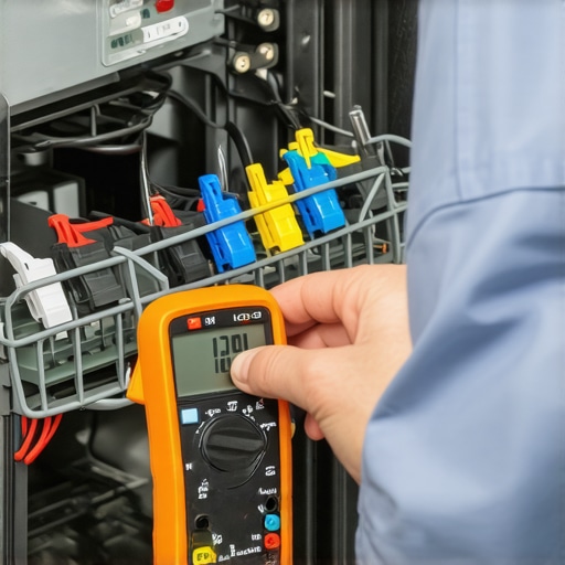 Technician testing dishwasher wiring with multimeter.