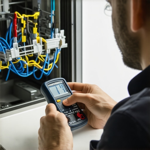 Person testing dishwasher electrical wires with a multimeter in a workshop.