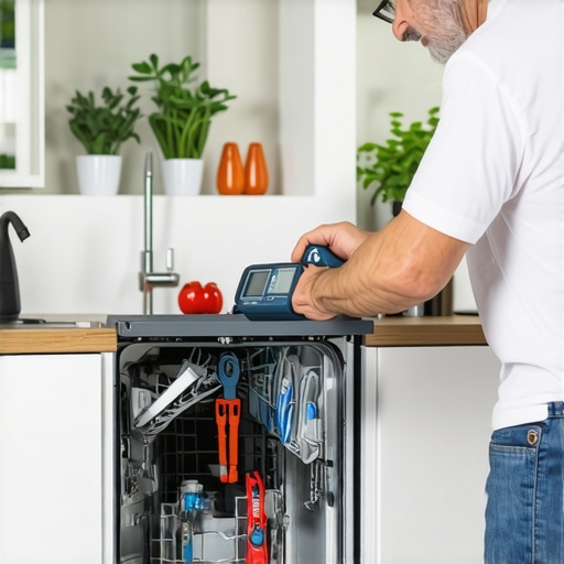 Person inspecting dishwasher components with diagnostic tools in kitchen