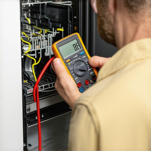 Person checking dishwasher electrical parts with multimeter