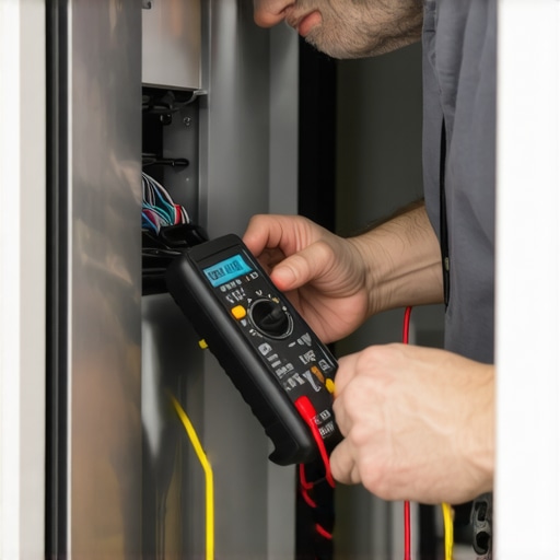Homeowner using multimeter on dishwasher's electrical components in kitchen