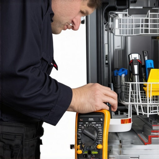 Technician testing dishwasher electrical components using diagnostic tools