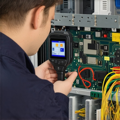 Technician inspecting dishwasher with thermal camera showing heat signatures