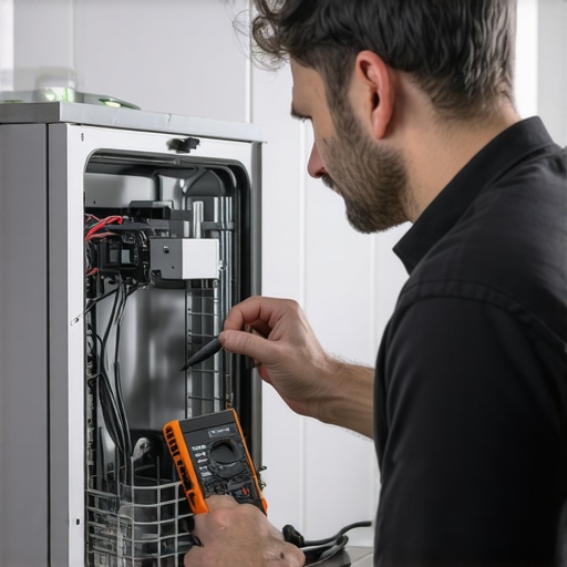 Technician testing dishwasher wiring with multimeter in kitchen.