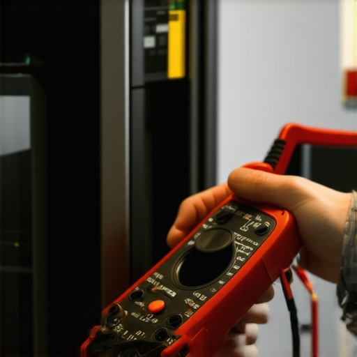 Person testing dishwasher control board with multimeter in a modern kitchen.