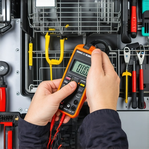 Technician testing dishwasher electrical component with a multimeter.