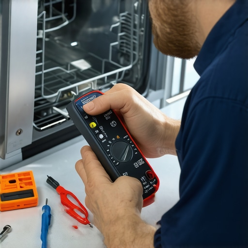 Using a Multimeter for Dishwasher Diagnostics Technician testing electrical components of a dishwasher with a digital multimeter, emphasizing precision troubleshooting.