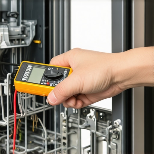 Person testing dishwasher electrical part with multimeter