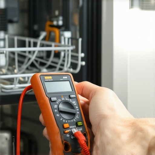 Person testing dishwasher electrical component with multimeter