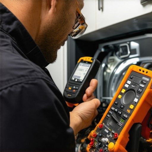 Technician assessing dishwasher electronics with multimeter and thermal camera