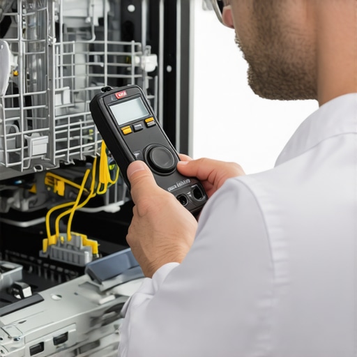 Technician testing a dishwasher's circuit board with a multimeter during repair.