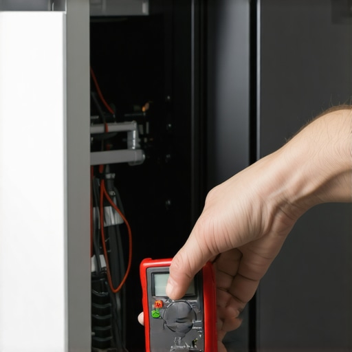 Technician measuring resistance of dishwasher temperature sensor with a multimeter.